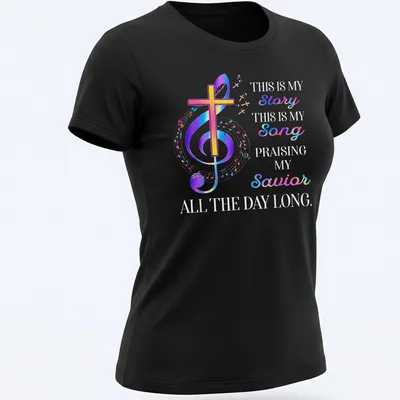 Colorful gradient T-shirt with faith message, cross, and musical notes — printed on a women's shirt