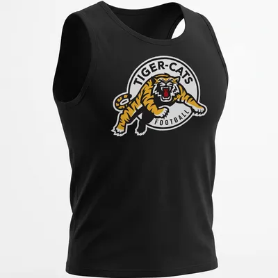 Hamilton Tiger-Cats logo t-shirt with bold black, yellow, and white graphics — printed on a tank top