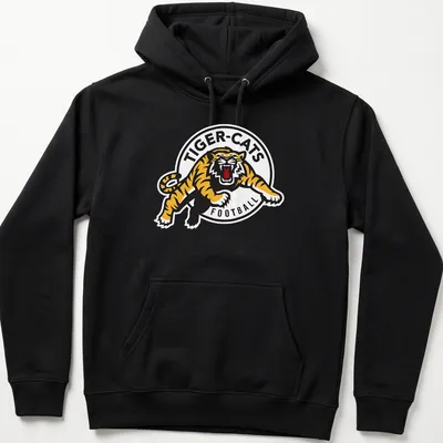 Hamilton Tiger-Cats logo t-shirt with bold black, yellow, and white graphics — printed on a unisex hoodie