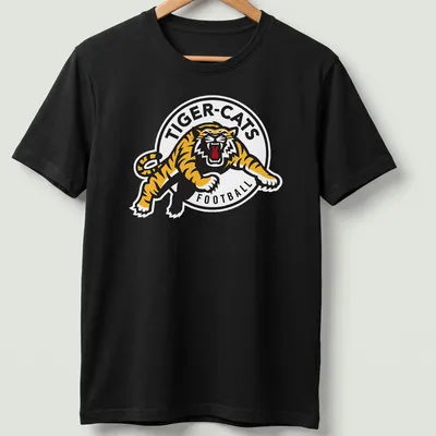 Hamilton Tiger-Cats logo t-shirt with bold black, yellow, and white graphics