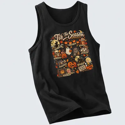 Vintage illustration of a cat in a Halloween pumpkin with text 'Tis The Season' — printed on a tank top