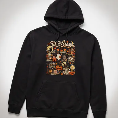 Vintage illustration of a cat in a Halloween pumpkin with text 'Tis The Season' — printed on a unisex hoodie