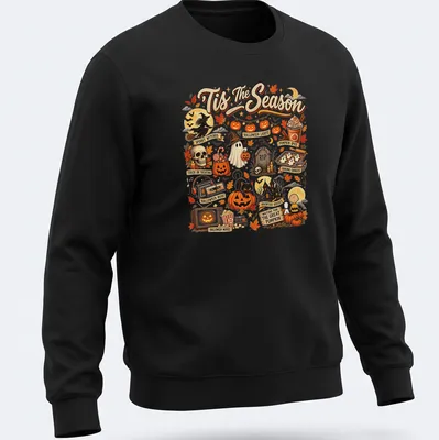 Vintage illustration of a cat in a Halloween pumpkin with text 'Tis The Season' — printed on a unisex sweatshirt