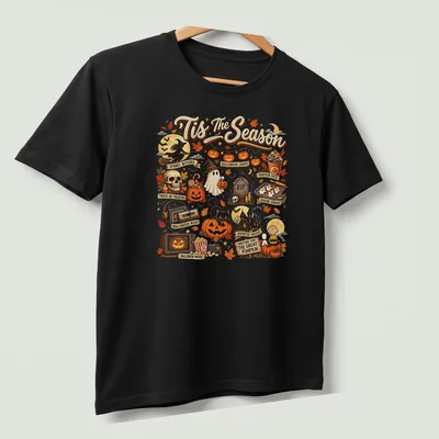 Vintage illustration of a cat in a Halloween pumpkin with text 'Tis The Season' — printed on a unisex t-shirt (angled view)