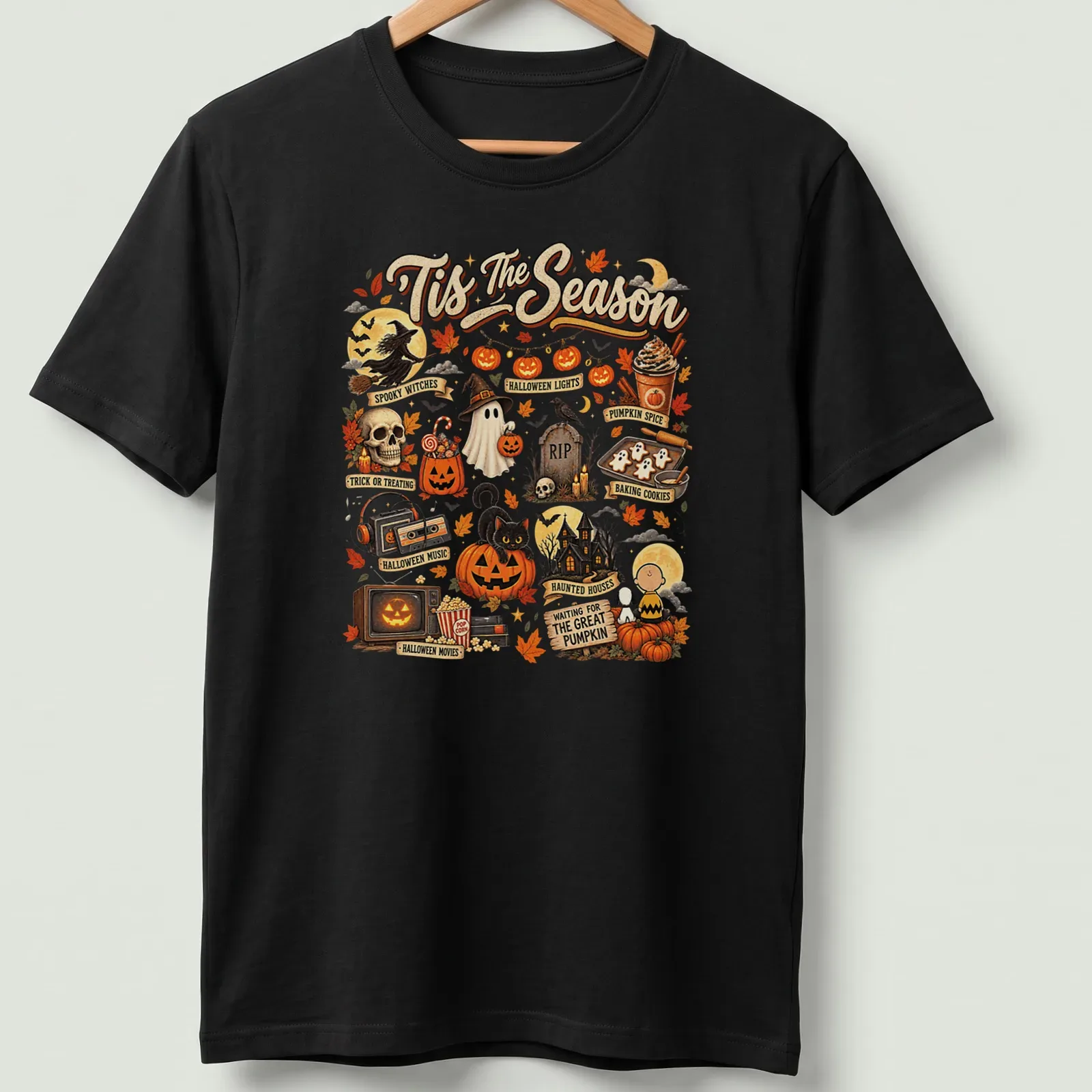 Vintage illustration of a cat in a Halloween pumpkin with text 'Tis The Season' — printed on a unisex t-shirt