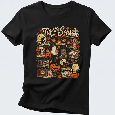 Vintage illustration of a cat in a Halloween pumpkin with text 'Tis The Season' — printed on a women's shirt