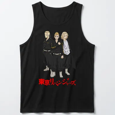 Illustration of Tokyo Revengers characters printed in black, red, and white on a — printed on a tank top