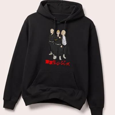 Illustration of Tokyo Revengers characters printed in black, red, and white on a — printed on a unisex hoodie