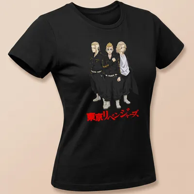 Illustration of Tokyo Revengers characters printed in black, red, and white on a — printed on a women's shirt