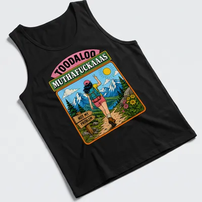 Vintage illustration of a hiker with humorous quote about hiking — printed on a tank top