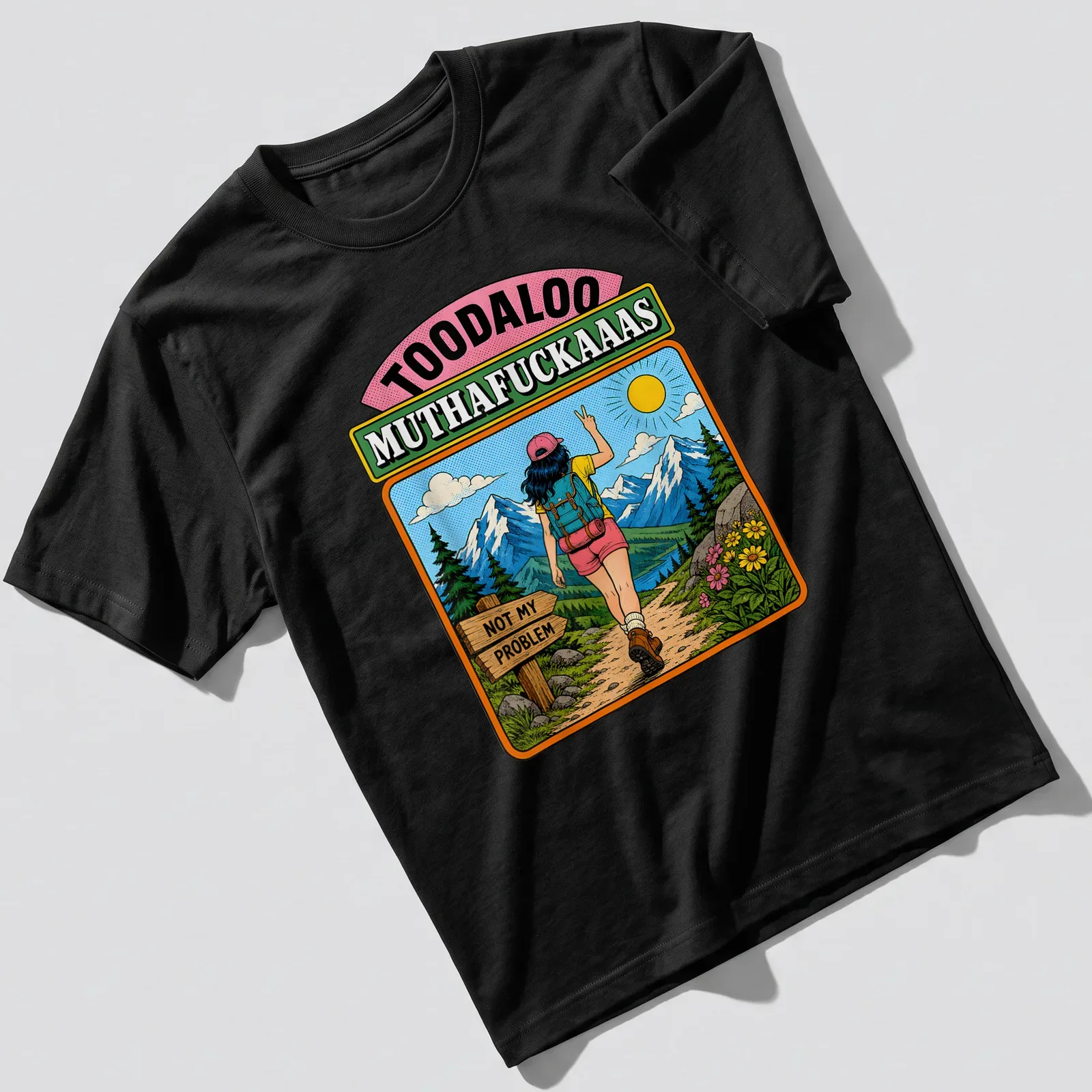 Vintage illustration of a hiker with humorous quote about hiking — printed on a unisex t-shirt