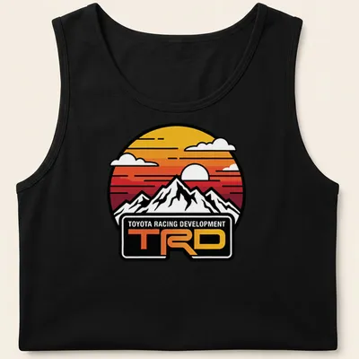 Retro circular print featuring mountains at sunset with Toyota Racing Development text — printed on a tank top