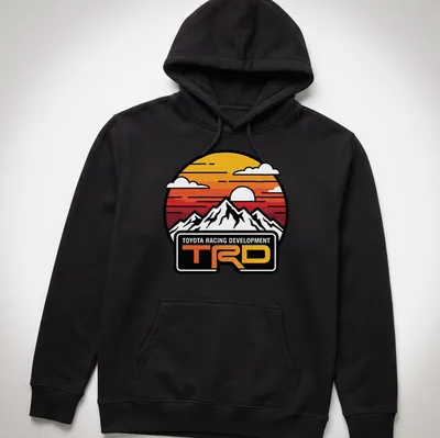 Retro circular print featuring mountains at sunset with Toyota Racing Development text — printed on a unisex hoodie