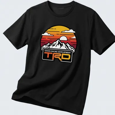 Retro circular print featuring mountains at sunset with Toyota Racing Development text — printed on a unisex t-shirt
