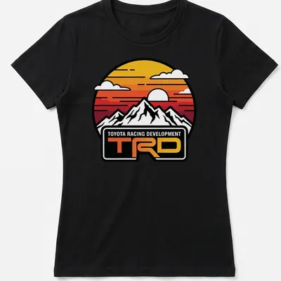 Retro circular print featuring mountains at sunset with Toyota Racing Development text — printed on a women's shirt