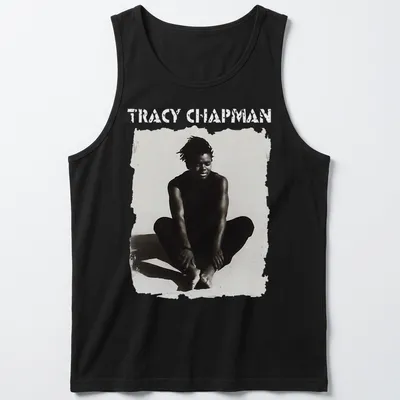 Black and white illustration of Tracy Chapman sitting with bold text below — printed on a tank top
