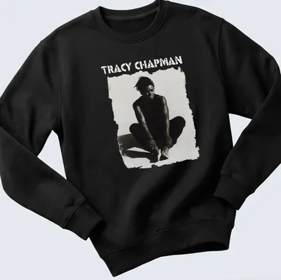 Black and white illustration of Tracy Chapman sitting with bold text below — printed on a unisex sweatshirt