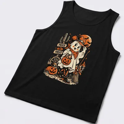 Vintage Halloween t-shirt featuring a cowgirl ghost with pumpkins and Trick Or Treat text — printed on a tank top