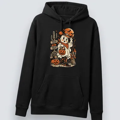 Vintage Halloween t-shirt featuring a cowgirl ghost with pumpkins and Trick Or Treat text — printed on a unisex hoodie