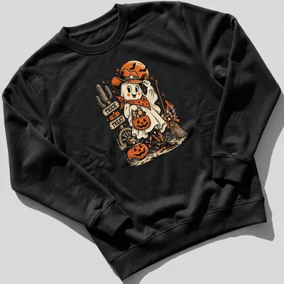 Vintage Halloween t-shirt featuring a cowgirl ghost with pumpkins and Trick Or Treat text — printed on a unisex sweatshirt