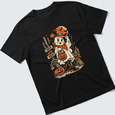 Vintage Halloween t-shirt featuring a cowgirl ghost with pumpkins and Trick Or Treat text