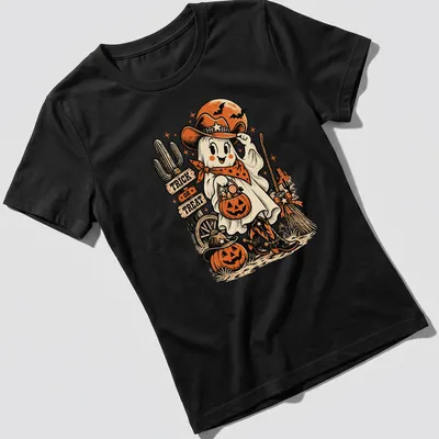 Vintage Halloween t-shirt featuring a cowgirl ghost with pumpkins and Trick Or Treat text — printed on a women's shirt