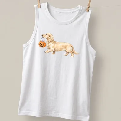 Watercolor Halloween tee featuring a dachshund with Trick Or Treat text — printed on a tank top