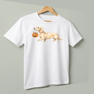 Watercolor Halloween tee featuring a dachshund with Trick Or Treat text — printed on a unisex t-shirt (angled view)