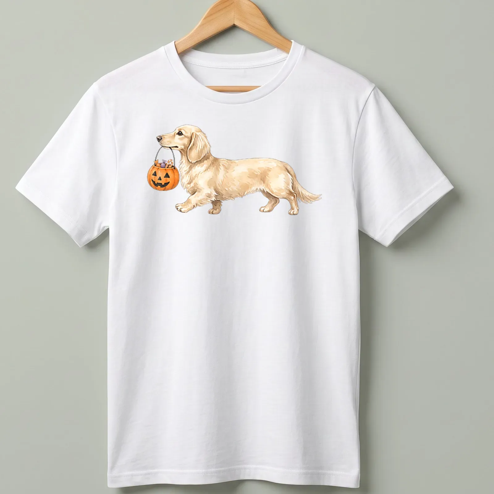 Watercolor Halloween tee featuring a dachshund with Trick Or Treat text — printed on a unisex t-shirt