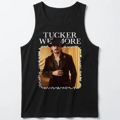 Fashion portrait T-shirt featuring a man in a cowboy hat and the name Tucker Wetmore — printed on a tank top