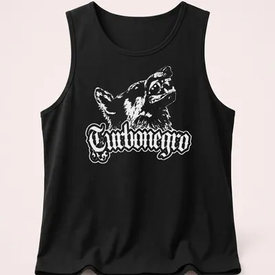 Bold print of Turbonegro with a dog wolf graphic in black and white — printed on a tank top