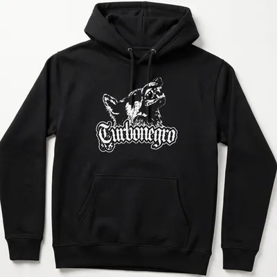 Bold print of Turbonegro with a dog wolf graphic in black and white — printed on a unisex hoodie