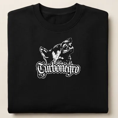 Bold print of Turbonegro with a dog wolf graphic in black and white — printed on a unisex sweatshirt