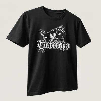 Bold print of Turbonegro with a dog wolf graphic in black and white — printed on a unisex t-shirt (angled view)