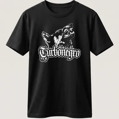 Bold print of Turbonegro with a dog wolf graphic in black and white