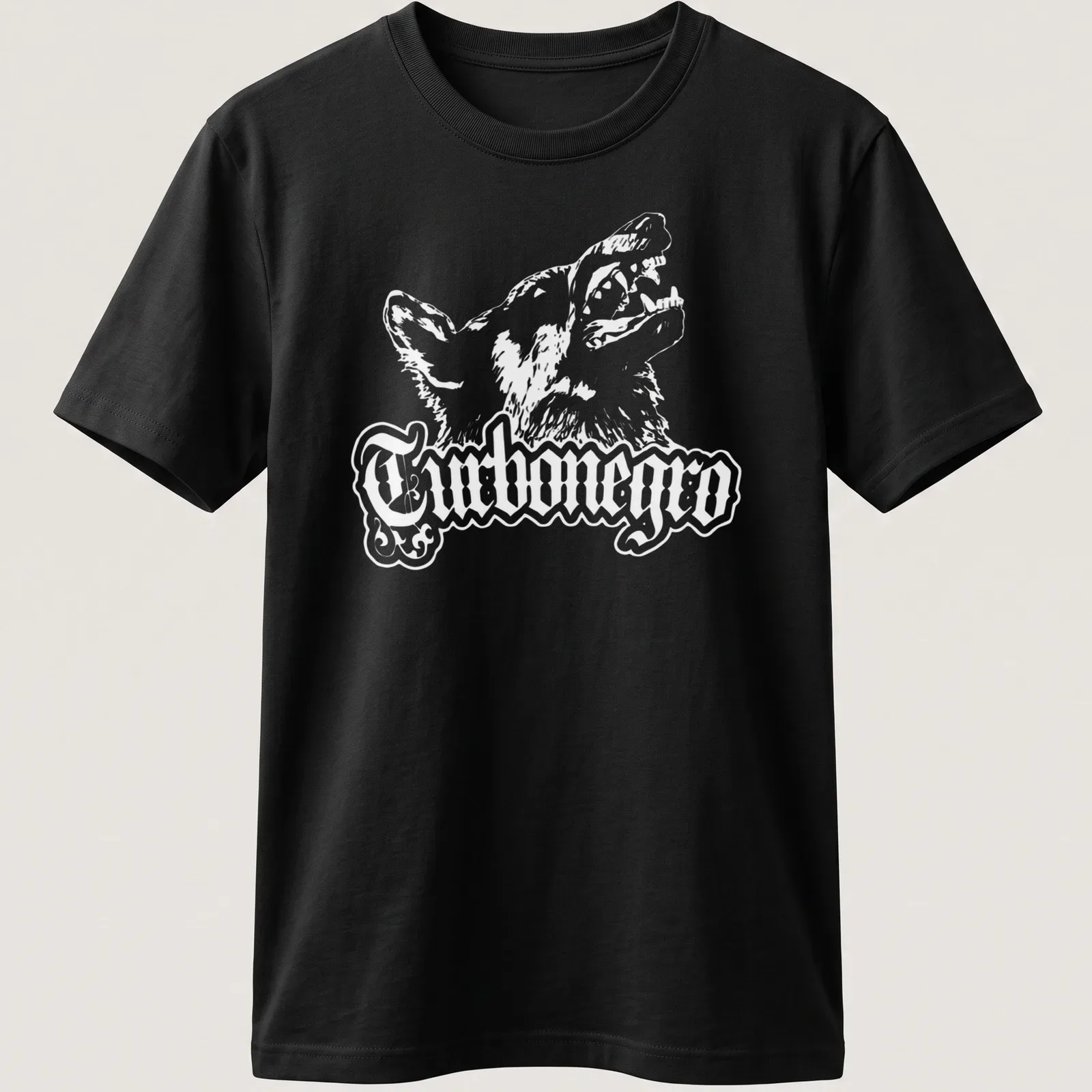 Bold print of Turbonegro with a dog wolf graphic in black and white — printed on a unisex t-shirt
