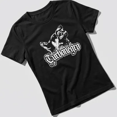Bold print of Turbonegro with a dog wolf graphic in black and white — printed on a women's shirt