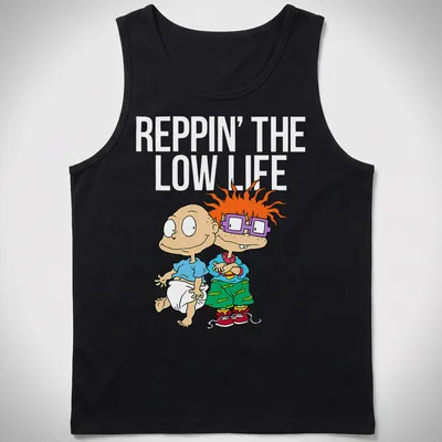 Cartoon T-shirt featuring two playful babies with joyful expressions — printed on a tank top