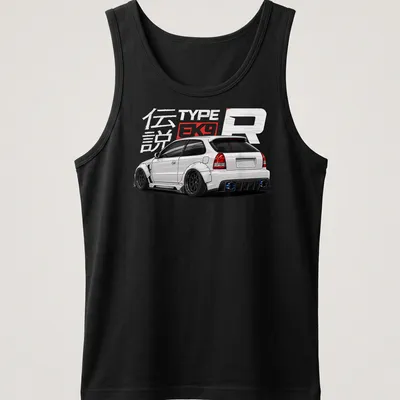 Detailed illustration of a white hatchback car with text 伝説 TYPE EK9 — printed on a tank top