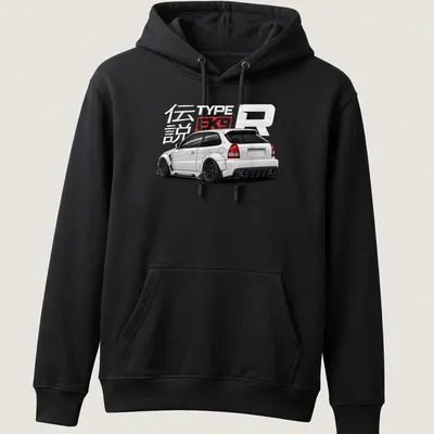 Detailed illustration of a white hatchback car with text 伝説 TYPE EK9 — printed on a unisex hoodie