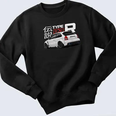 Detailed illustration of a white hatchback car with text 伝説 TYPE EK9 — printed on a unisex sweatshirt