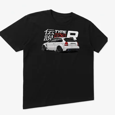 Detailed illustration of a white hatchback car with text 伝説 TYPE EK9 — printed on a unisex t-shirt (angled view)