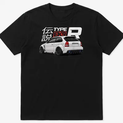 Detailed illustration of a white hatchback car with text 伝説 TYPE EK9 — printed on a unisex t-shirt