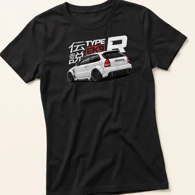 Detailed illustration of a white hatchback car with text 伝説 TYPE EK9 — printed on a women's shirt