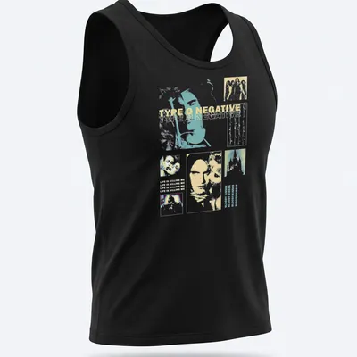 Vintage collage print of Type O Negative with pastel colors and band imagery — printed on a tank top