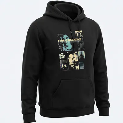 Vintage collage print of Type O Negative with pastel colors and band imagery — printed on a unisex hoodie