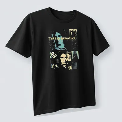 Vintage collage print of Type O Negative with pastel colors and band imagery — printed on a unisex t-shirt (angled view)