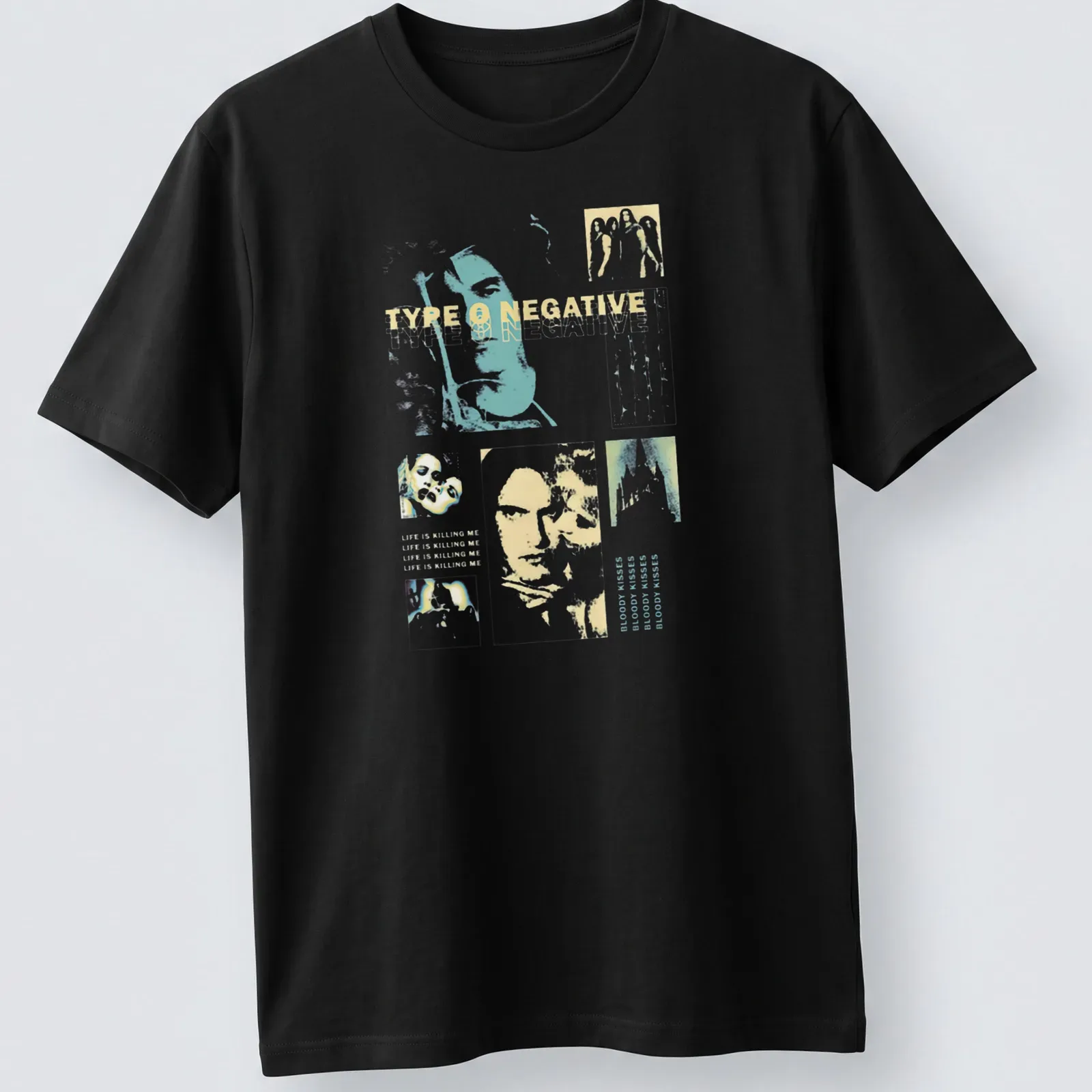 Vintage collage print of Type O Negative with pastel colors and band imagery — printed on a unisex t-shirt