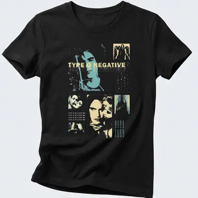 Vintage collage print of Type O Negative with pastel colors and band imagery — printed on a women's shirt