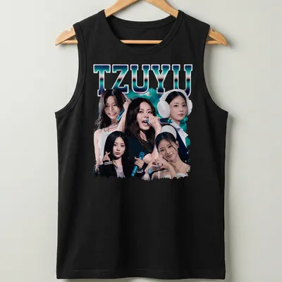 Vintage retro tee featuring a colorful TZUYU K-Pop idol collage — printed on a tank top